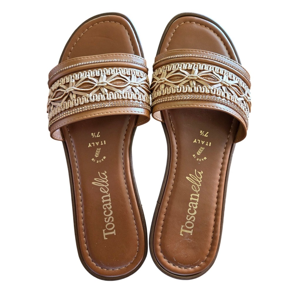 Safron Made in Italy Brown Woven Macrame Rhinestone Slide Sandals New Womens 7.5